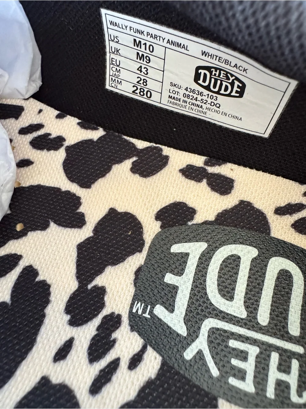 HEY DUDE Wally Funk Party Animal Men’s 10 Black White Cow Print NWT